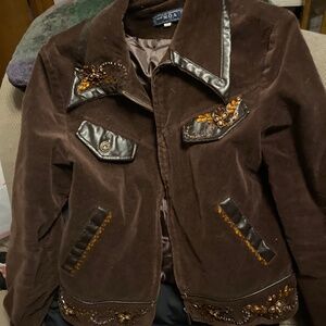 Brown corduroy jacket, orange gem stones